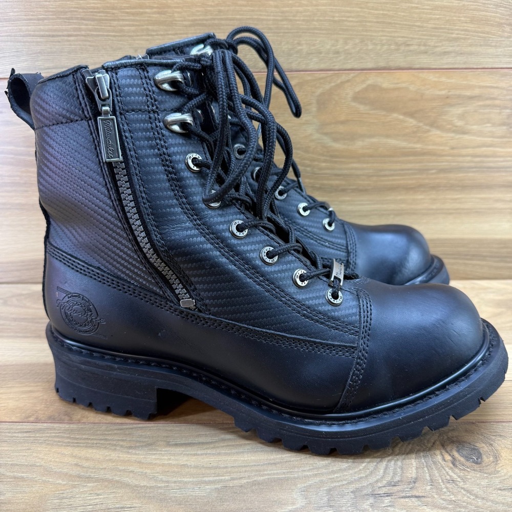 Milwaukee Accelerator Motorcycle Boots Mens 10 D Black Leather Lug Sole Combat